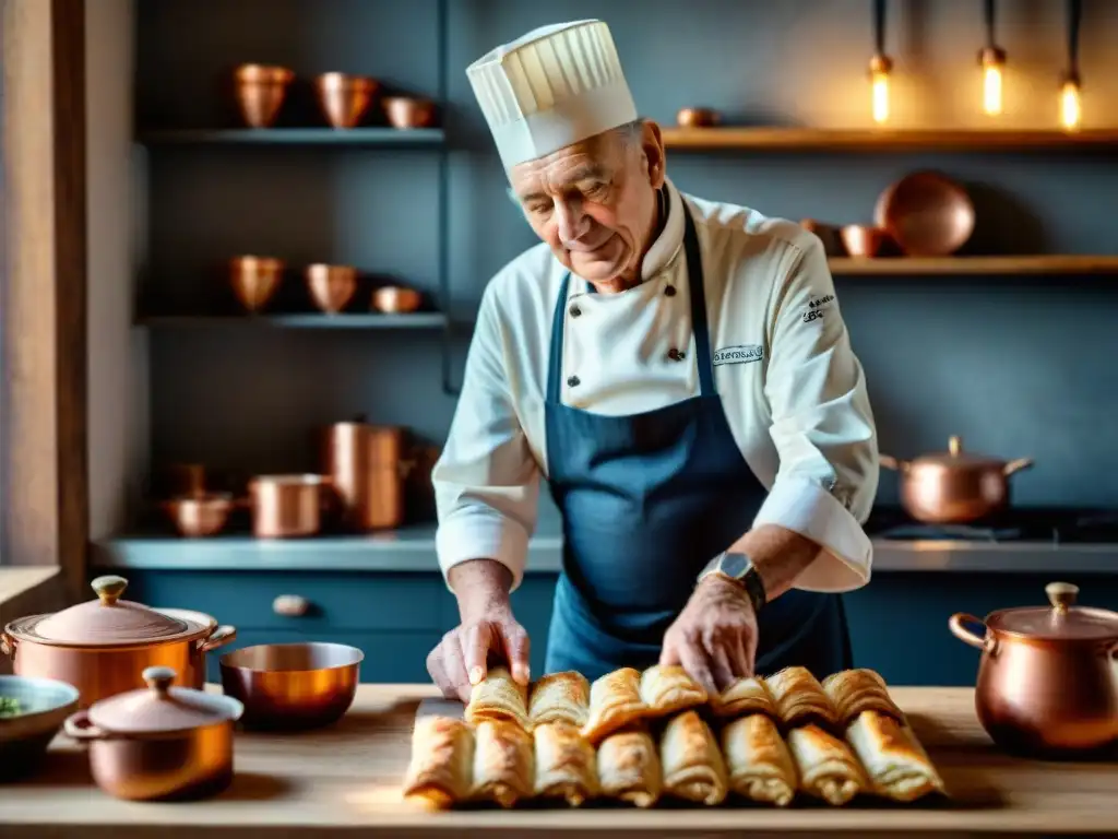 Un chef francés anciano experto en cocina francesa para principiantes, enrollando masa de hojaldre con destreza en una cocina rústica soleada