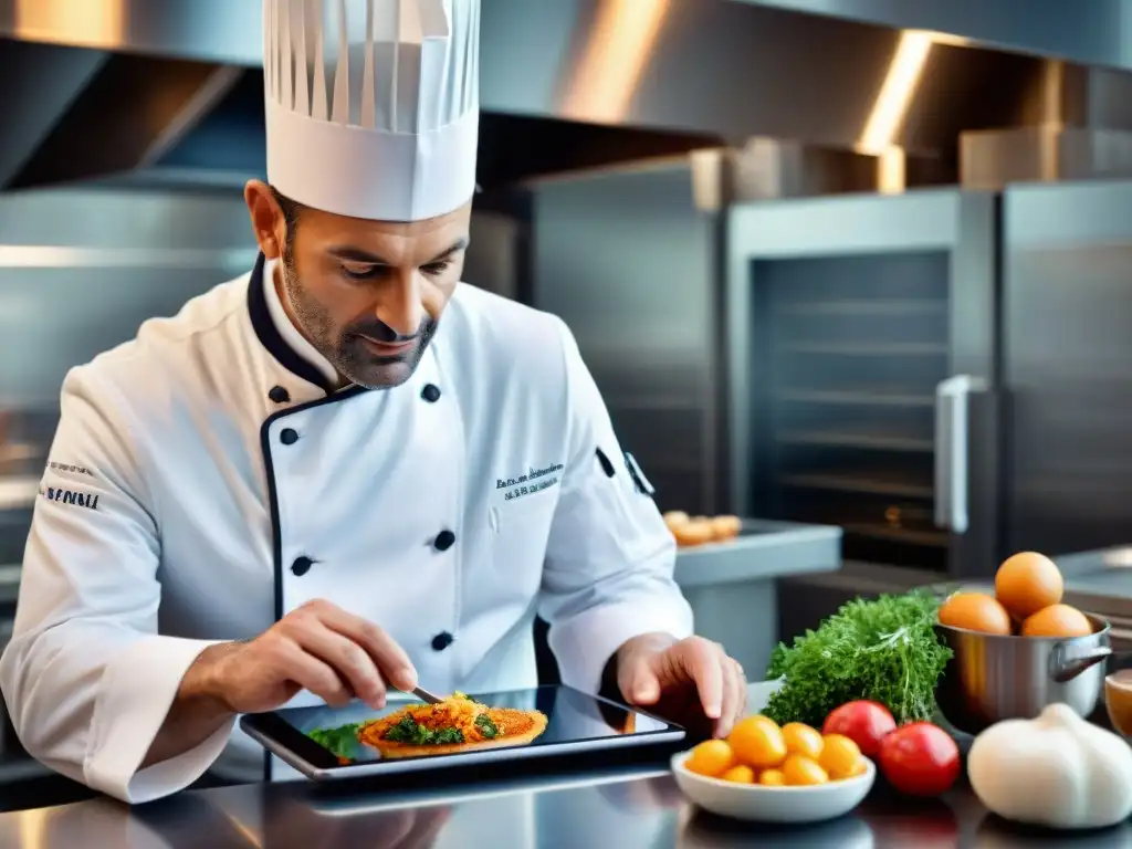 Chef francés usando una app culinaria en cocina moderna