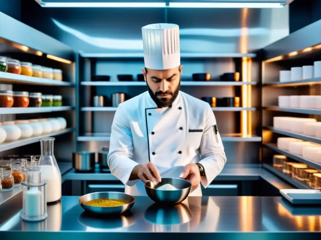 Un chef francés fusionando arte culinario tradicional con métodos científicos innovadores en un laboratorio culinario de última generación