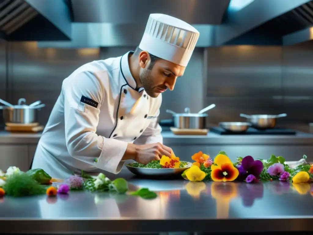 Chef francés creando arte culinario con flores comestibles