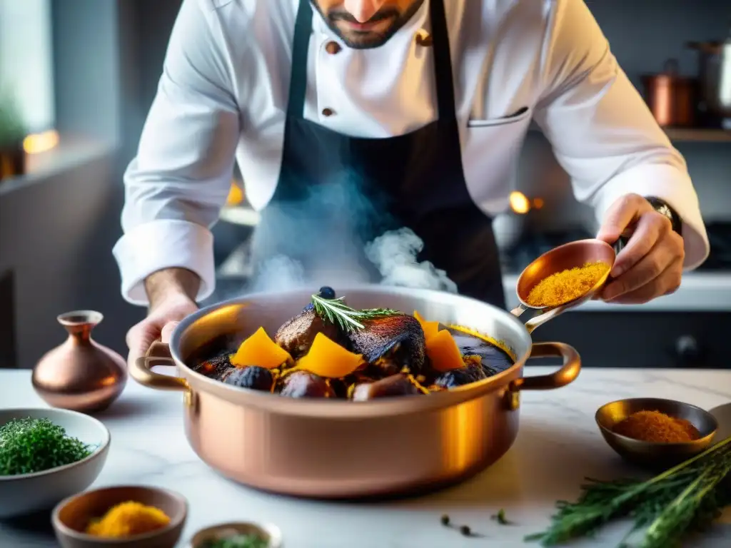 Chef francés añadiendo azafrán a Coq au Vin en cocina soleada llena de hierbas frescas y ollas de cobre