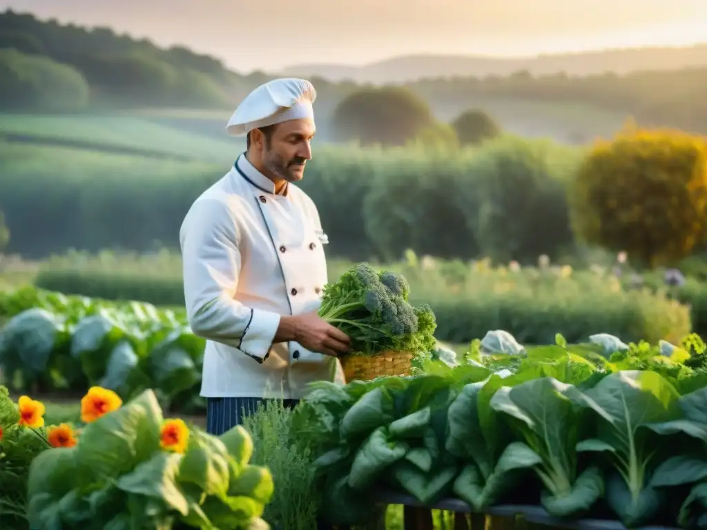 Un chef francés cosechando en un jardín biodiverso, reflejando la esencia de la Permacultura en la cocina francesa