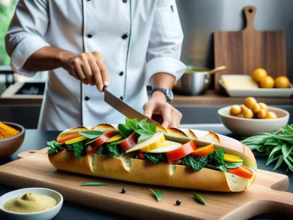 Un chef francés preparando un bocadillo de baguette con especias de curry asiáticas, en una atmósfera de fusión asiática-francesa gastronomía