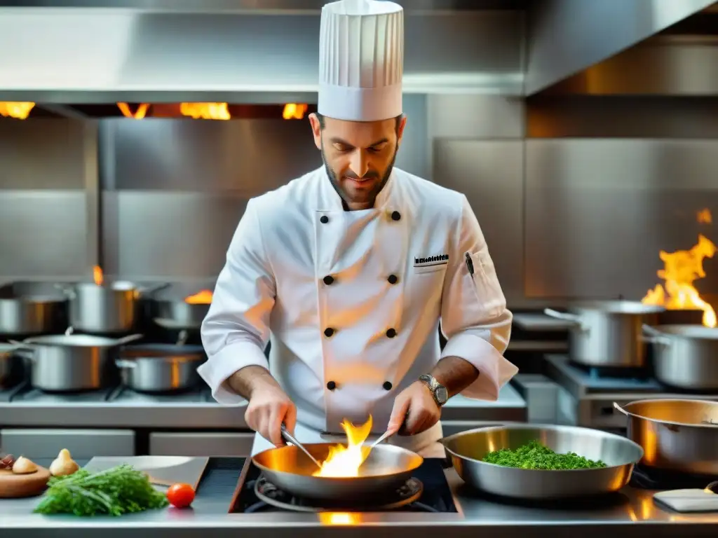 Un chef francés flambea con maestría en una bulliciosa cocina tradicional