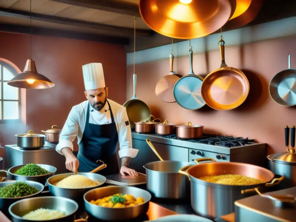 Un chef francés en una bulliciosa cocina de la región de Rhône-Alpes, elaborando platos tradicionales con destreza