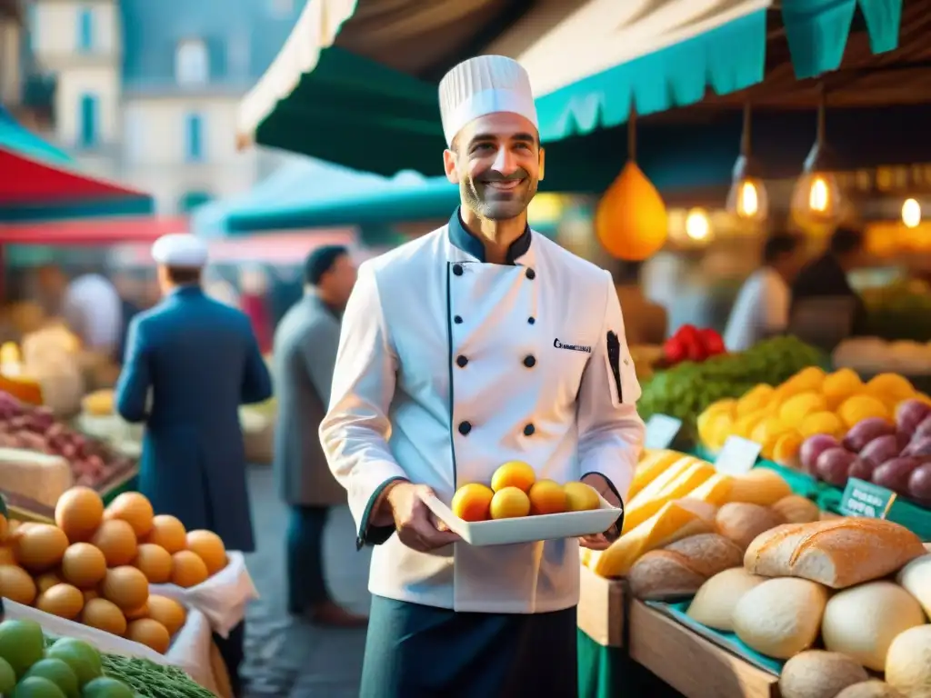 Un chef francés en un bullicioso mercado parisino, seleccionando ingredientes para recetas tradicionales