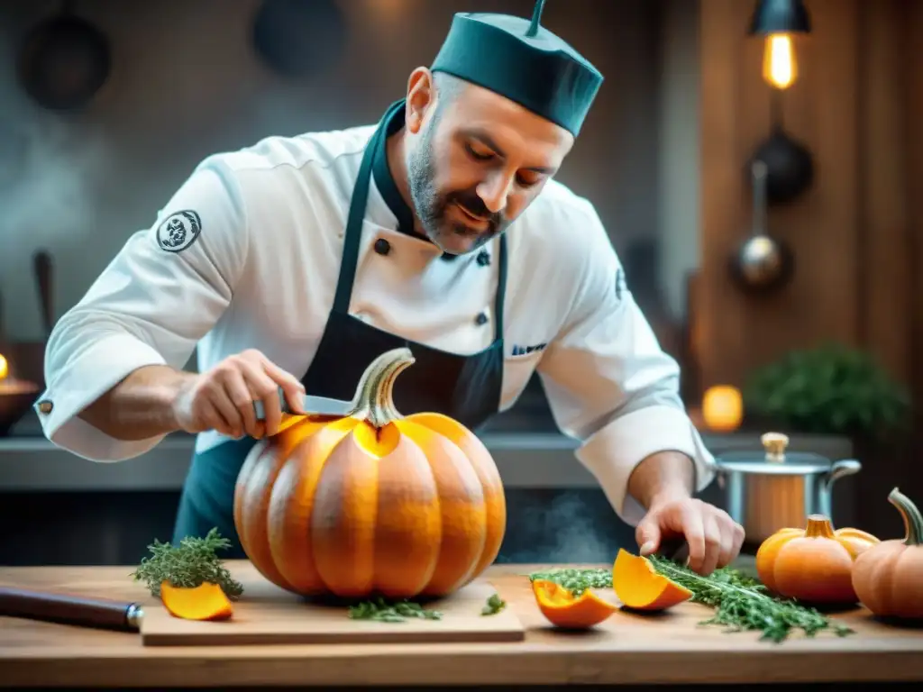 Un chef francés talla una calabaza en forma de flor, demostrando su destreza en la cocina gourmet