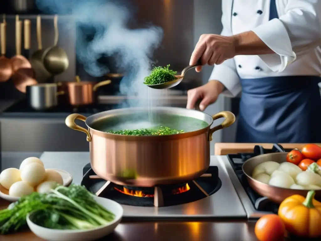 Un chef francés preparando un caldo casero en una cocina tradicional, capturando la esencia de la tradición culinaria francesa