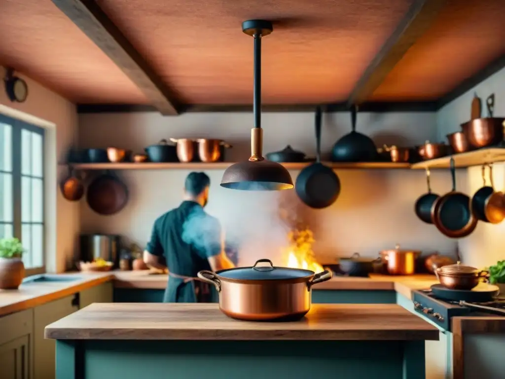 Un chef francés preparando un cassoulet en una cocina rústica llena de utensilios de cobre antiguos y ingredientes frescos