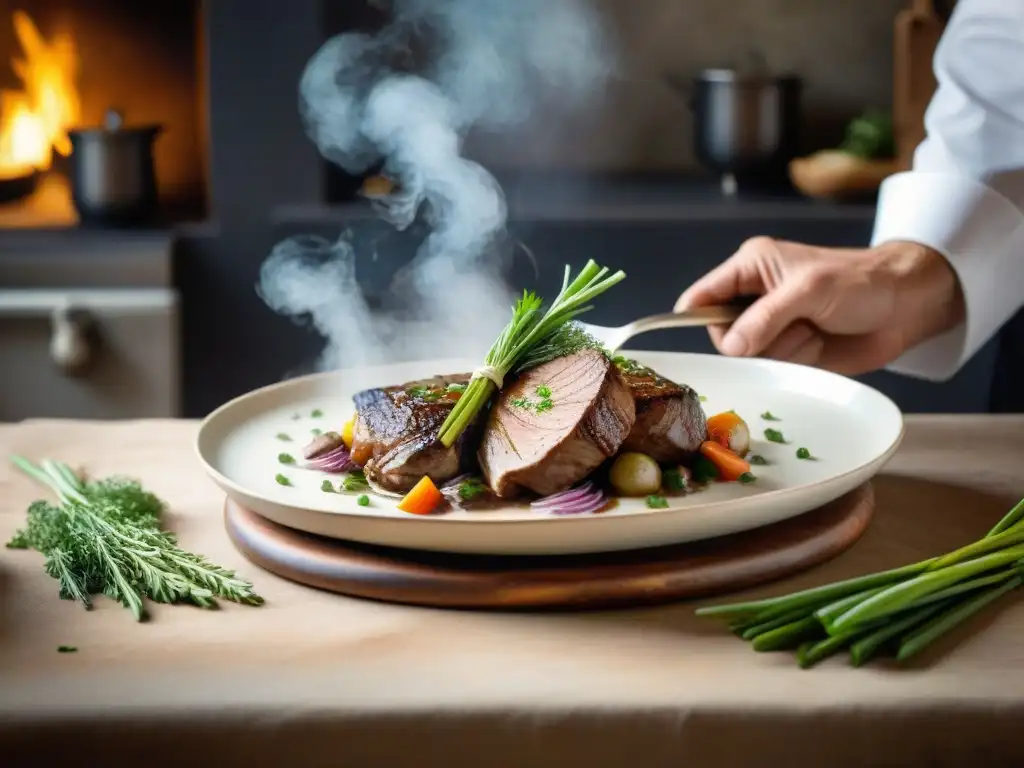 Un chef francés esparciendo cebollino sobre Coq au Vin en una cocina rústica con hierbas frescas y libro de cocina