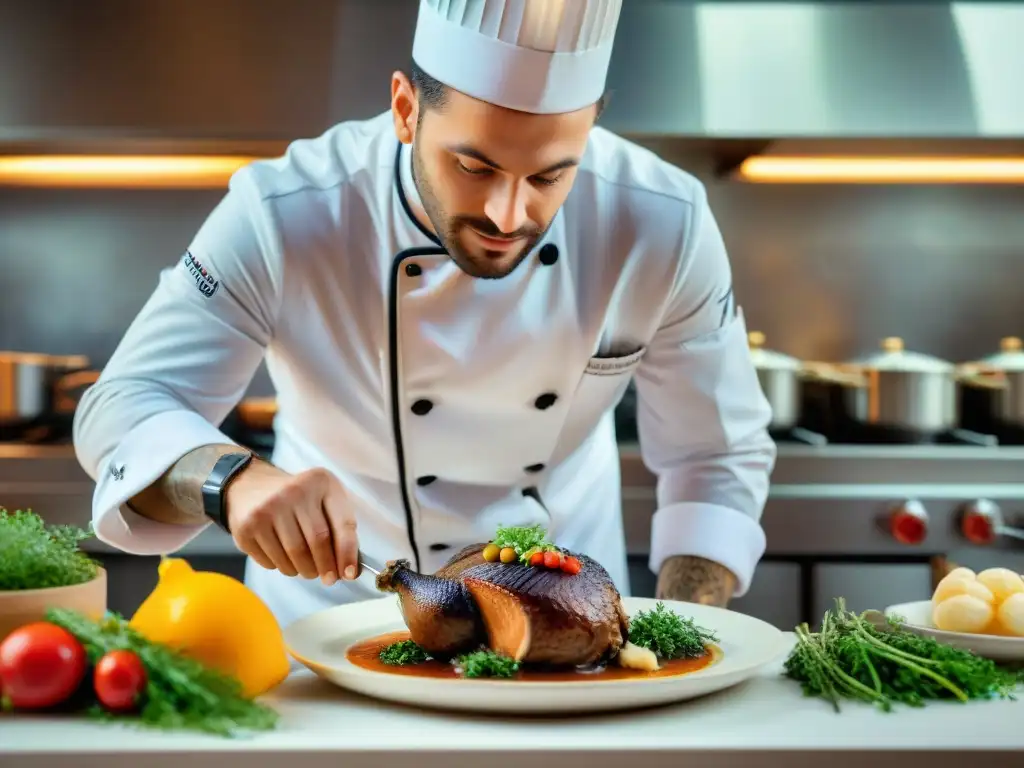 Un chef francés con chaqueta y gorro blanco prepara coq au vin en cocina sofisticada, con herramientas digitales gastronomía francesa