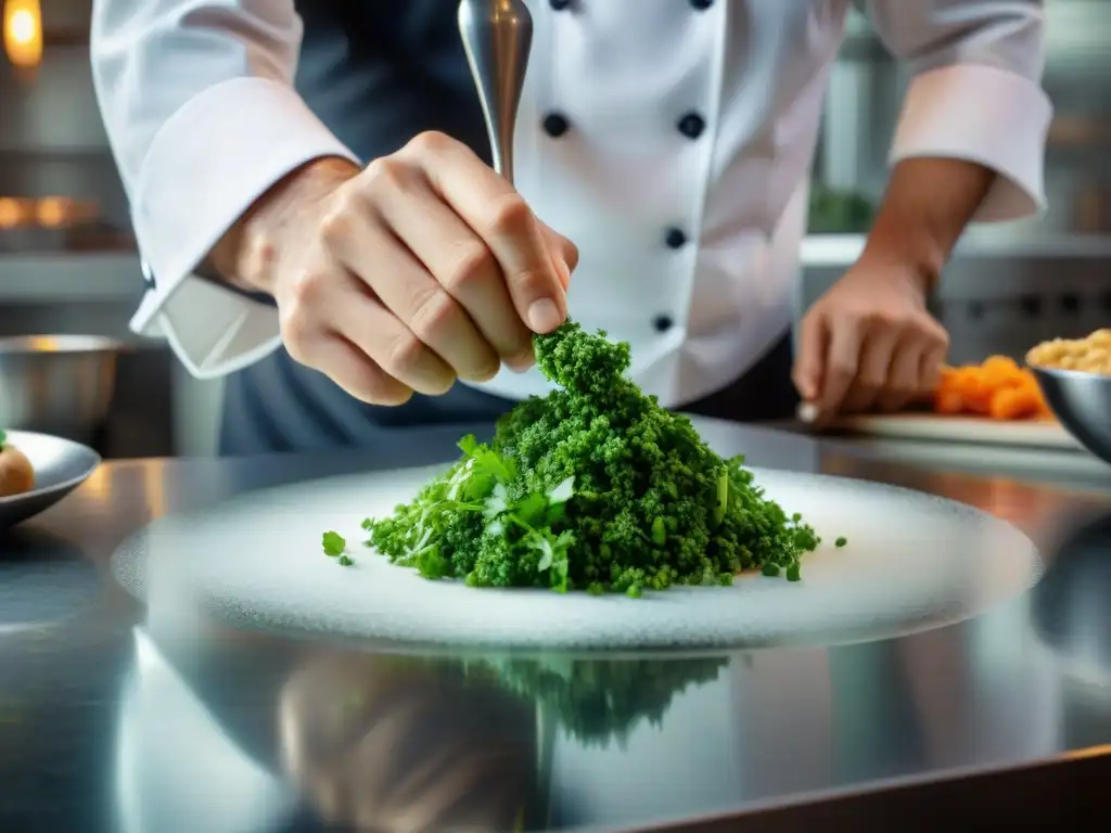 Un chef francés esparciendo cilantro sobre un exquisito plato en una cocina parisina