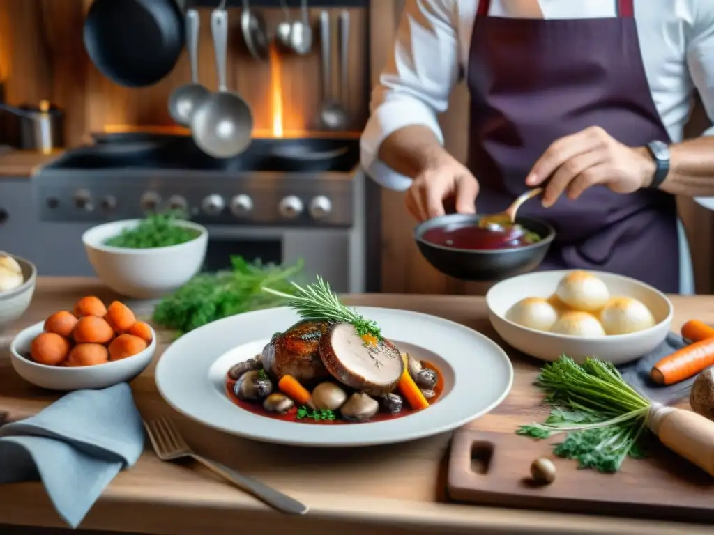 Un chef francés preparando un clásico Coq au Vin en una cocina tradicional, destacando maridajes gastronómicos cocina francesa