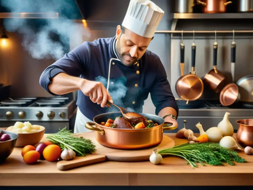 Un chef francés preparando un clásico Coq au Vin en una bulliciosa cocina parisina