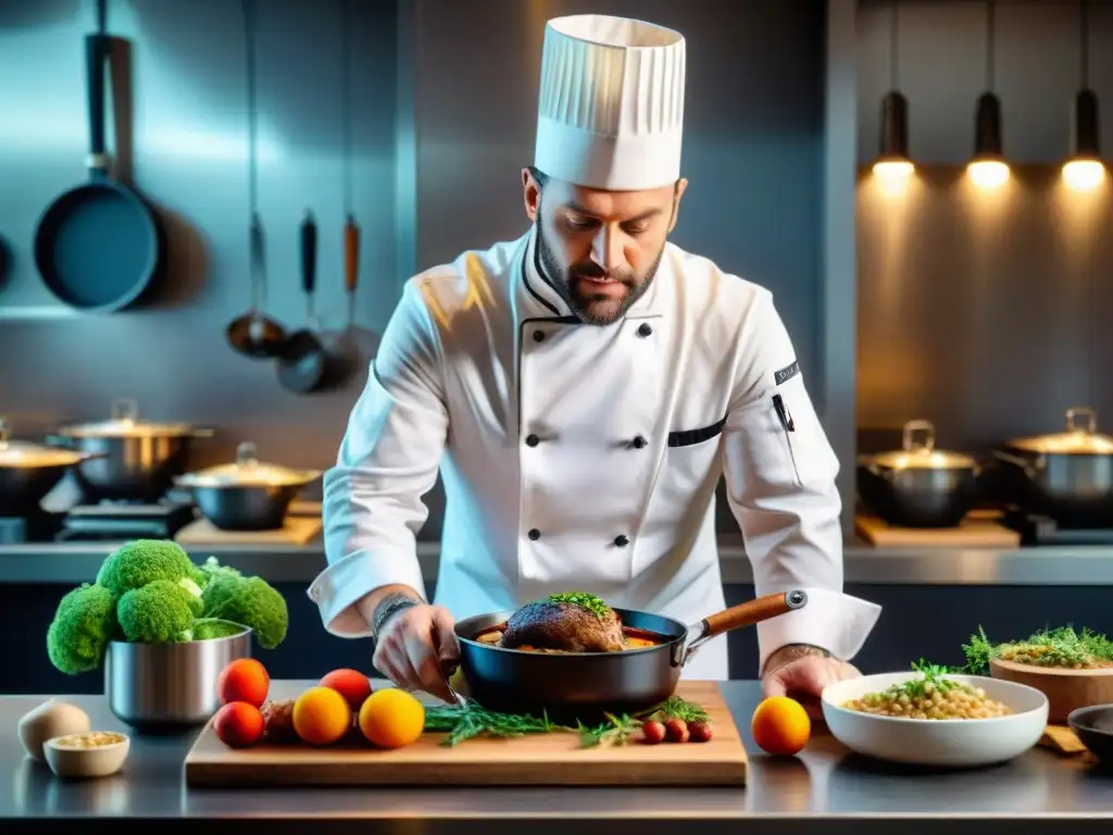 Un chef francés clásico fusiona técnicas modernas en la cocina, elaborando el clásico coq au vin