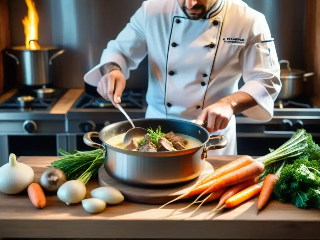 Un chef francés preparando Blanquette de Veau en una cocina acogedora