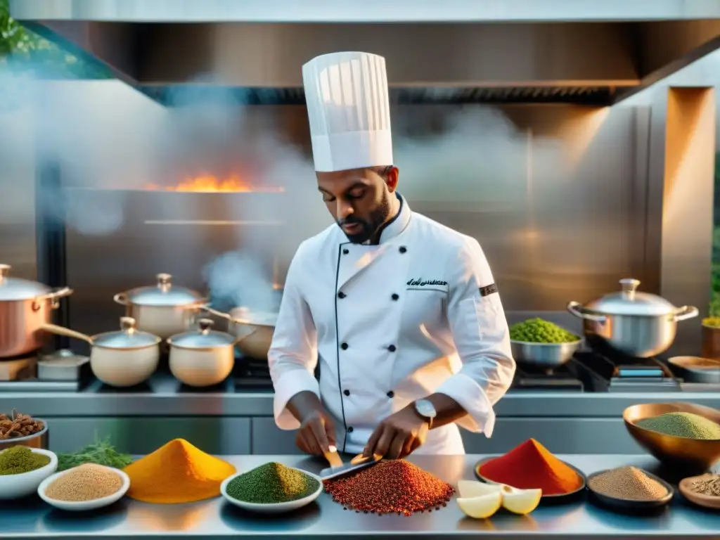 Chef francés innovando en cocina afrancesada influenciada, mezclando sabores de África con técnicas francesas