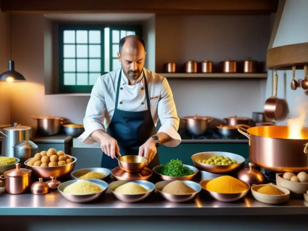 Un chef francés en una cocina alsaciana tradicional, mostrando la influencia cultural en la gastronomía francesa