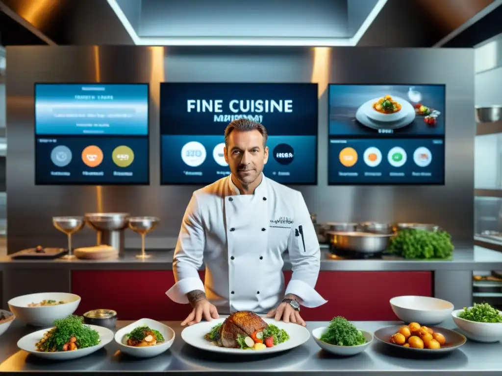 Un chef francés en una cocina de alta tecnología preparando una innovadora obra maestra culinaria