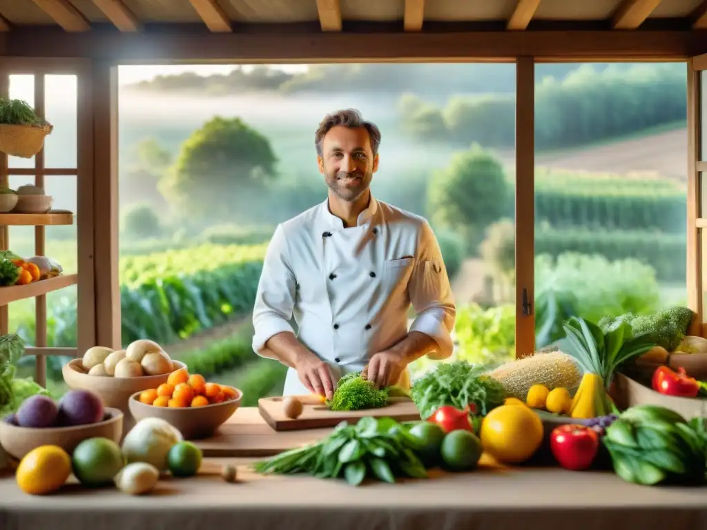 Un chef francés en una cocina campestre, conectado con la naturaleza y la permacultura en la gastronomía francesa