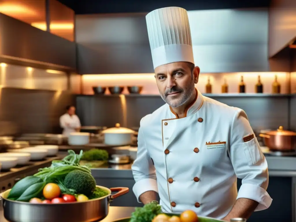 Un chef francés en su cocina estrella Michelin, fusionando técnicas tradicionales con toques modernos