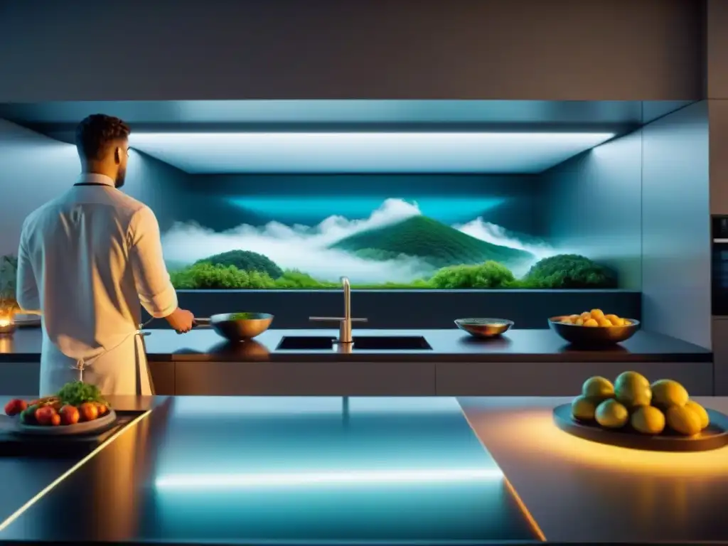 Un chef francés en una cocina futurista con IA, impartiendo masterclasses de cocina francesa