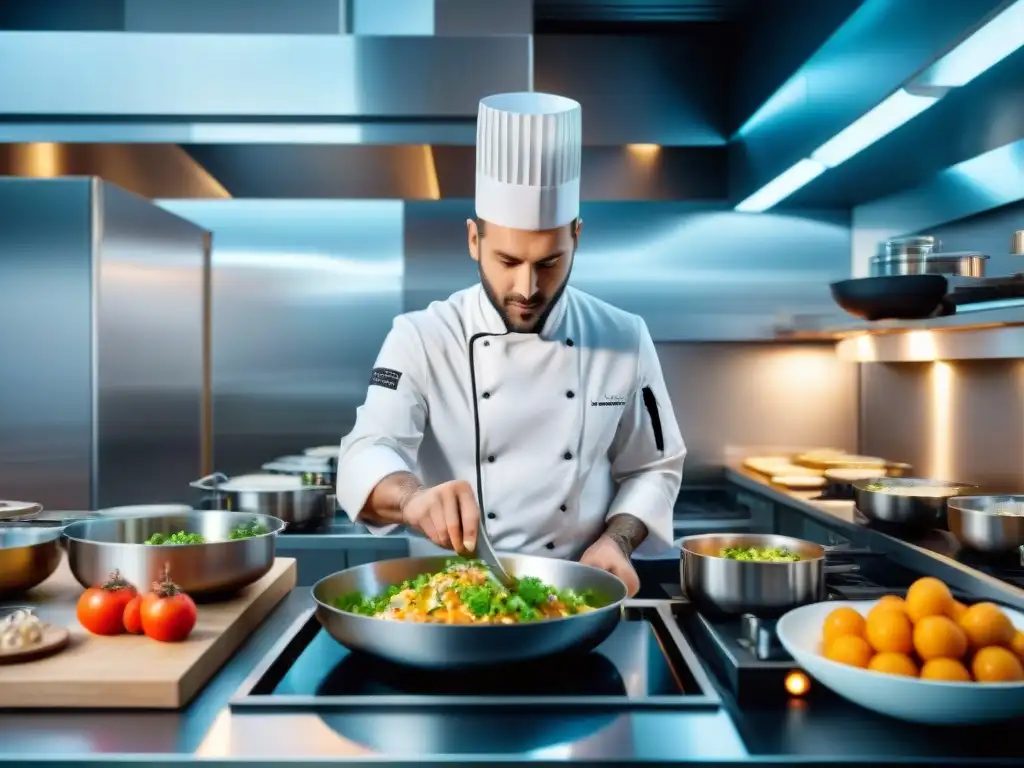 Un chef francés en una cocina futurista, creando platos innovadores con ayuda de IA