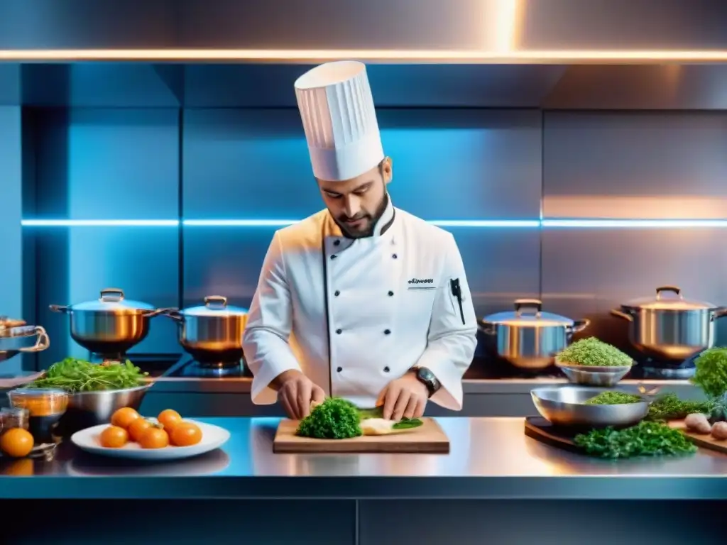 Un chef francés en una cocina futurista con tecnología AI, fusionando tradición y vanguardia