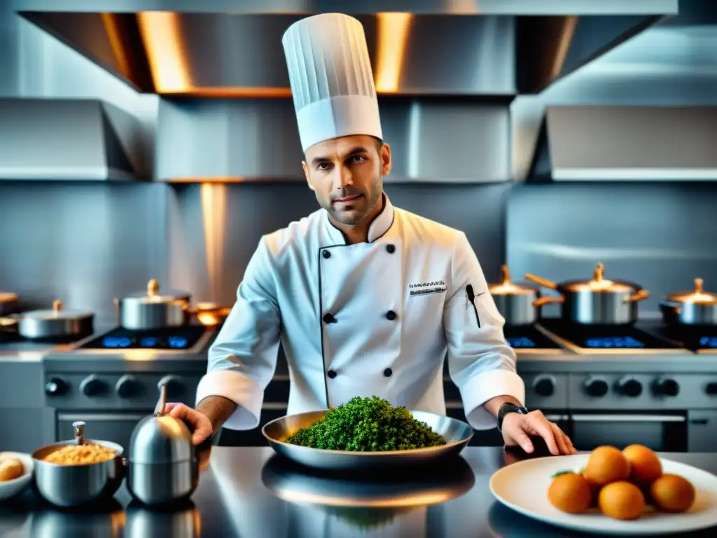 Un chef francés en cocina futurista, preparando plato francés con toque moderno