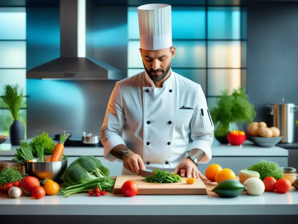 Un chef francés en una cocina innovadora creando platos vanguardistas