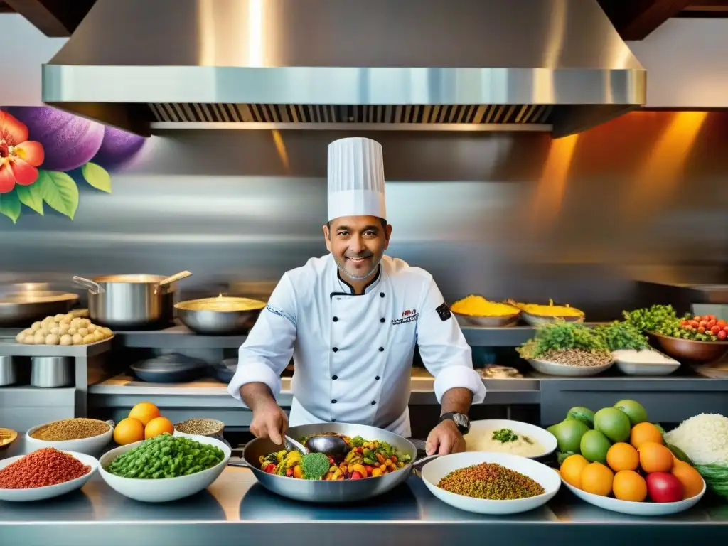 Un chef francés en una cocina de Isla de la Reunión preparando Gastronomía francesa tradicional y moderna con ingredientes frescos y coloridos