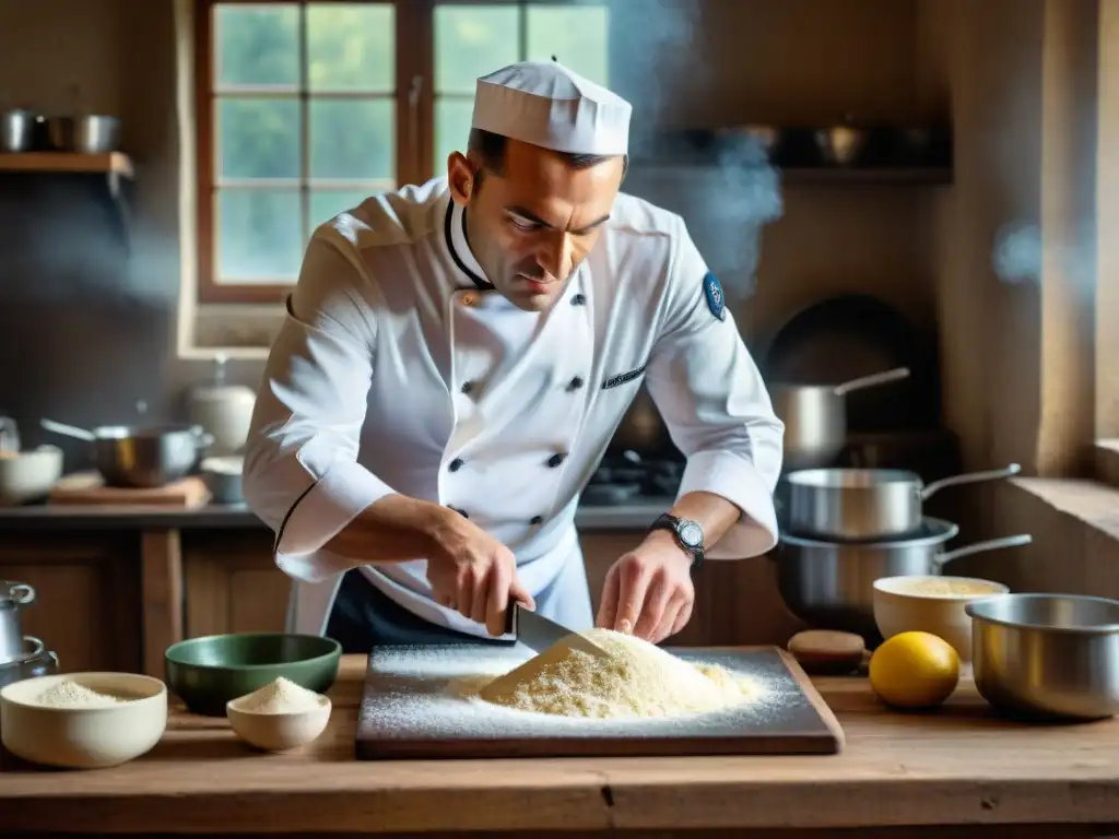 Un chef francés en una cocina militar durante la guerra, preparando con destreza un plato decadente