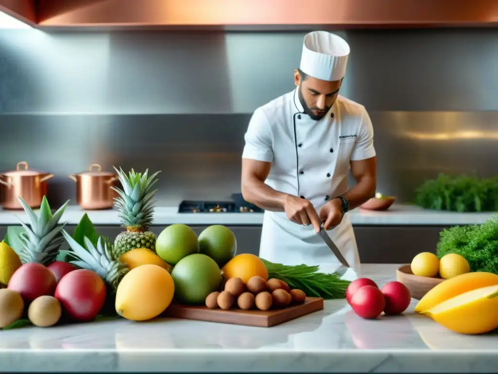 Un chef francés en una cocina moderna incorporando ingredientes exclusivos de la Isla Reunión en su innovador plato