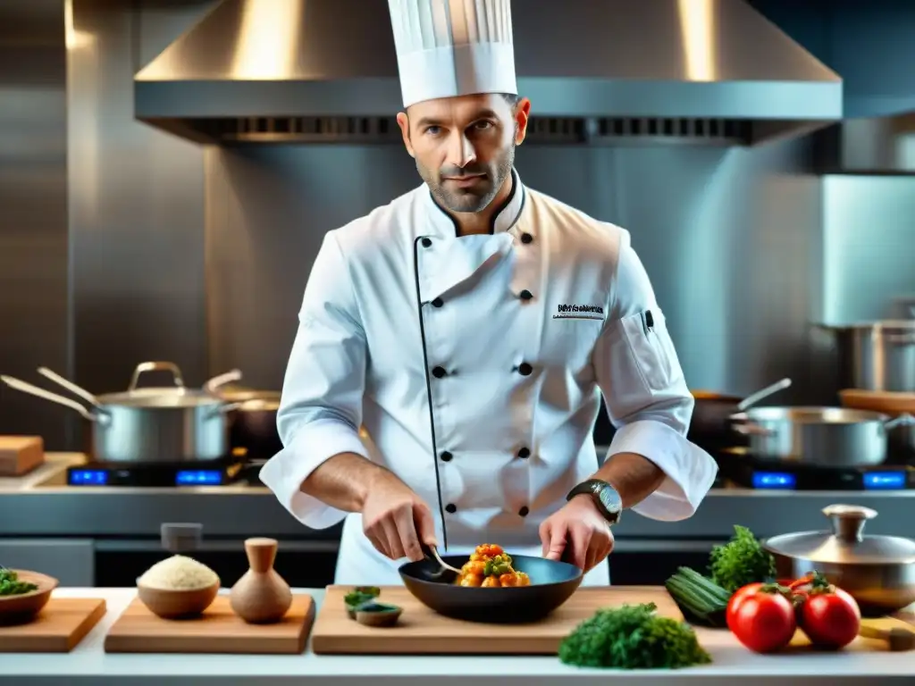 Chef francés innovando en cocina moderna con técnicas culinarias tradicionales