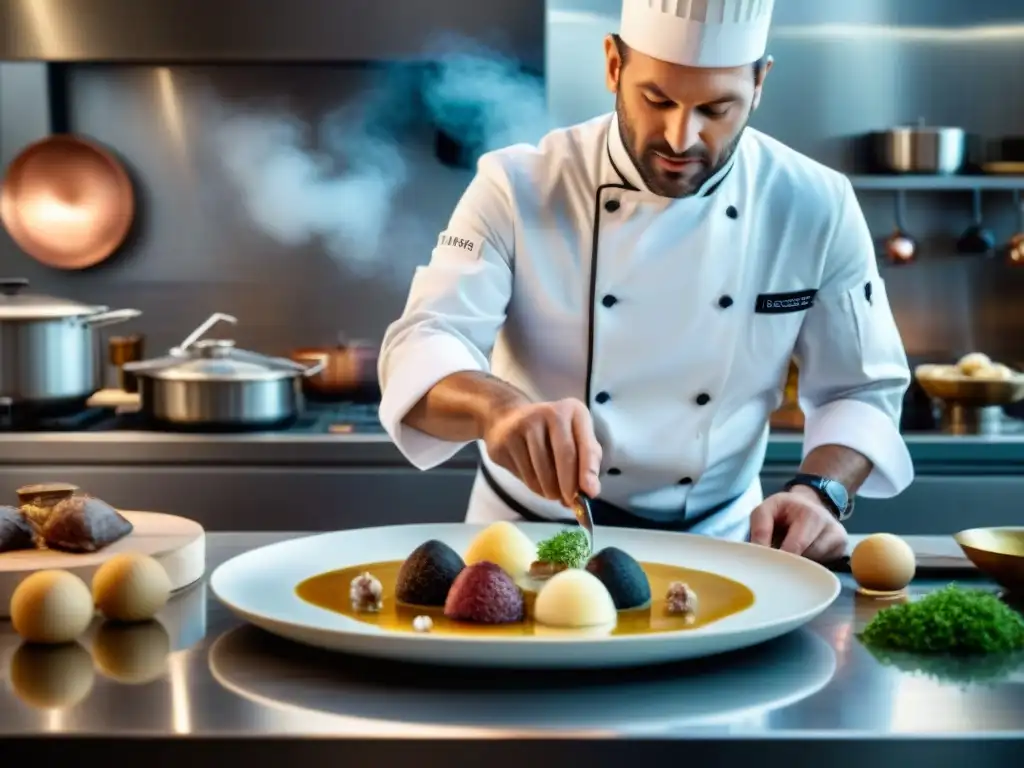 Chef francés innovando en cocina moderna con ingredientes tradicionales y herramientas de gastronomía molecular