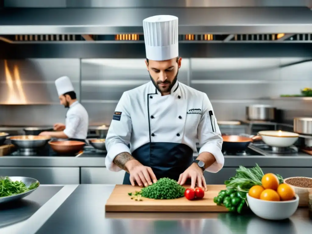 Un chef francés en una cocina moderna, rodeado de software culinario innovador en pantallas múltiples