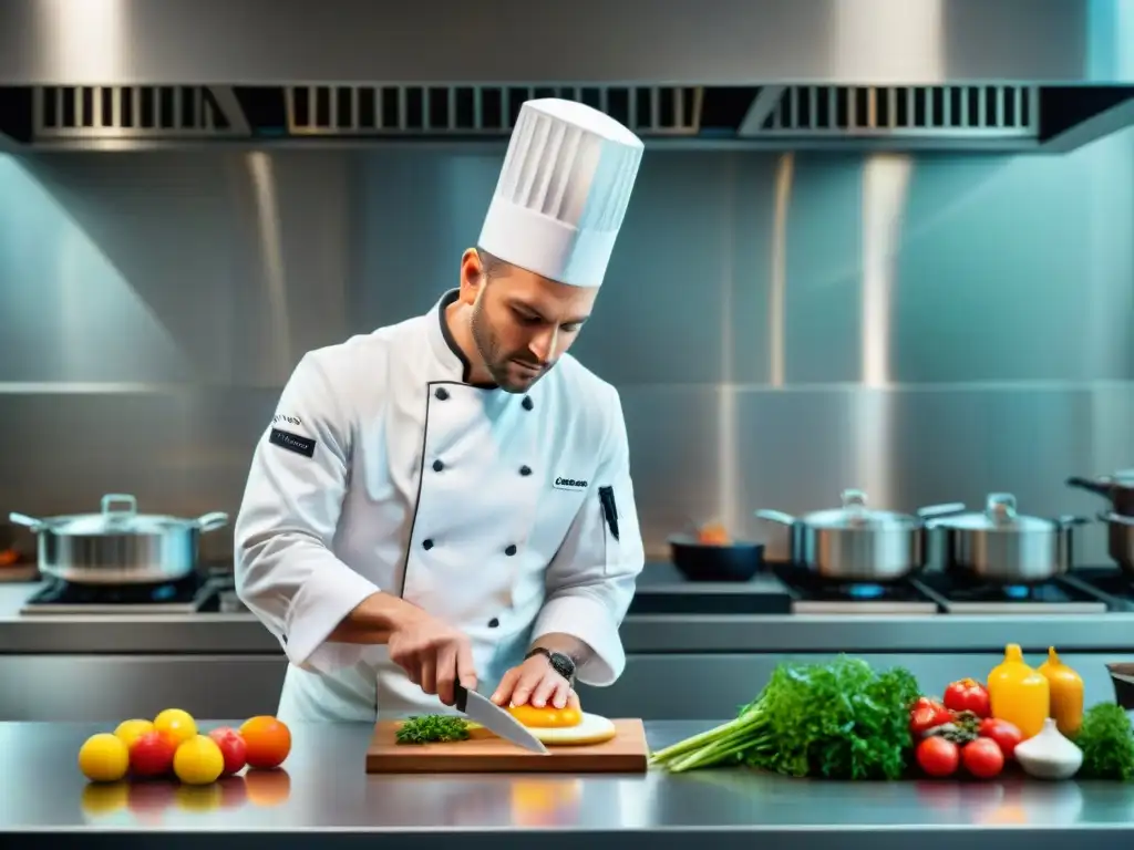 Un chef francés utilizando tecnología SousVide en una cocina moderna, fusionando tradición y vanguardia culinaria