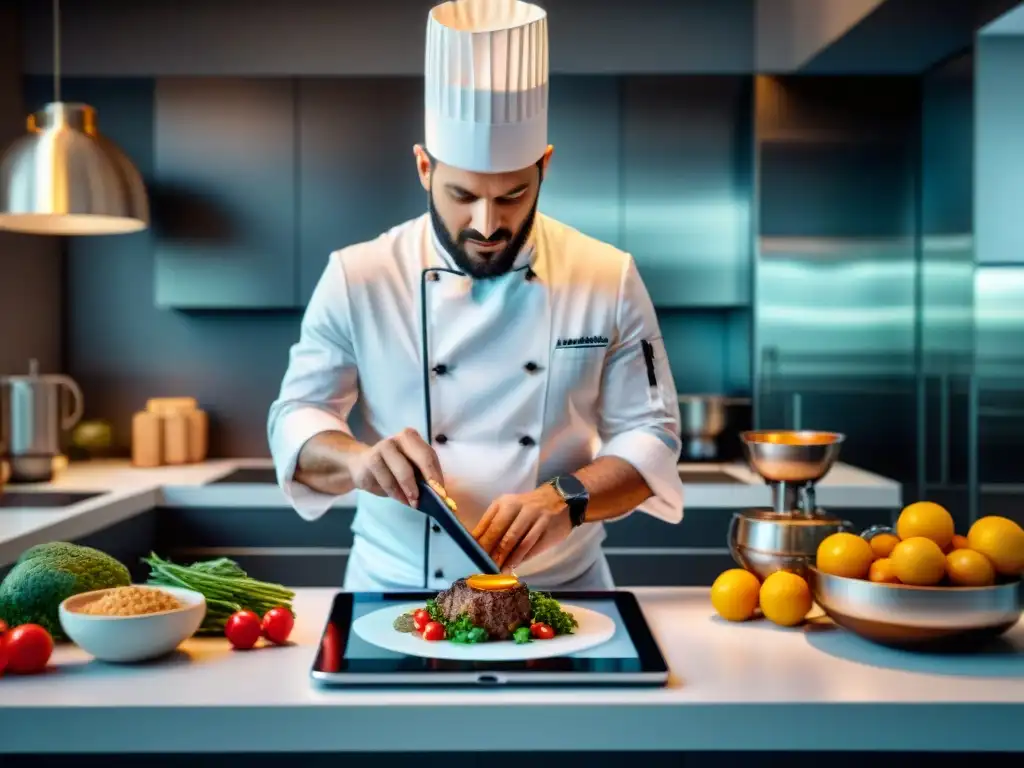 Un chef francés en una cocina moderna, rodeado de innovaciones culinarias