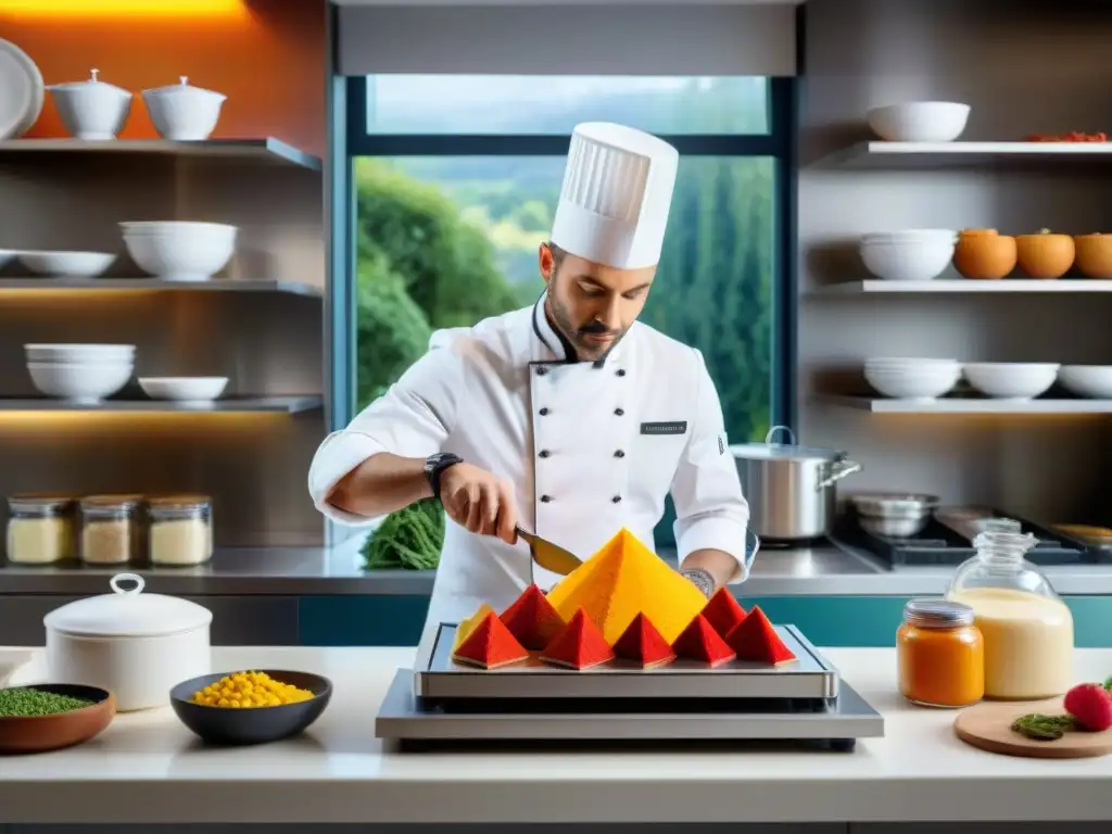 Un chef francés en una cocina moderna, usando una impresora 3D para crear arte comestible