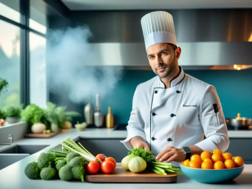 Un chef francés en una cocina moderna, fusionando técnicas culinarias tradicionales con tecnologías innovadoras para una cocina francesa saludable