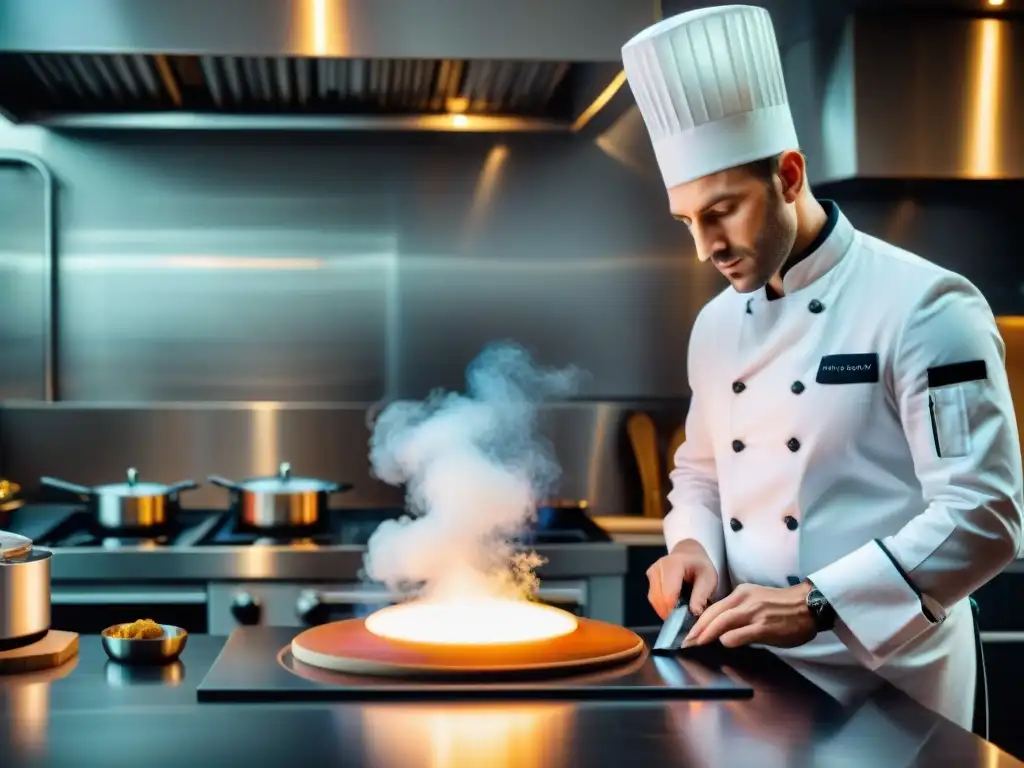 Un chef francés en una cocina moderna preparando con precisión un plato clásico usando la técnica de cocina al vacío en Francia