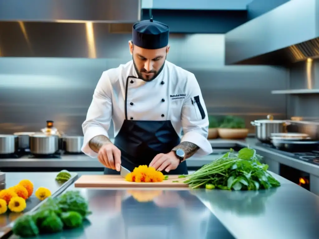 Un chef francés en una cocina moderna, rodeado de ingredientes innovadores, platos sorprendentes