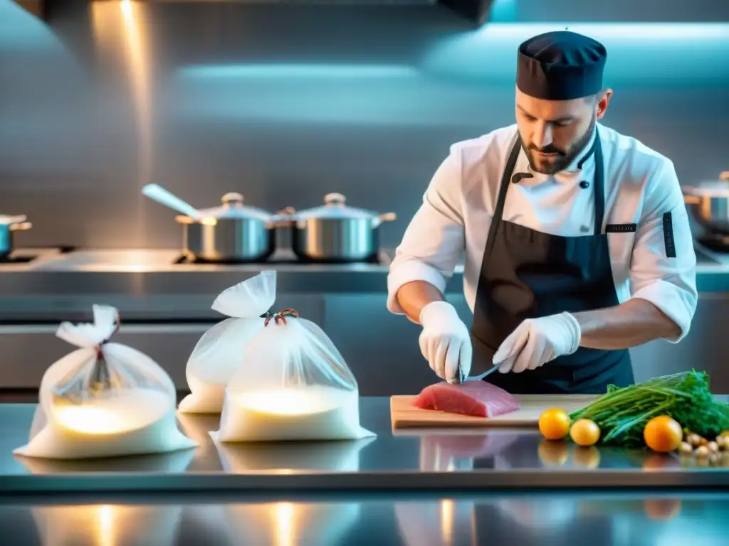 Un chef francés en una cocina moderna preparando una receta de cocina al vacío con precisión y enfoque