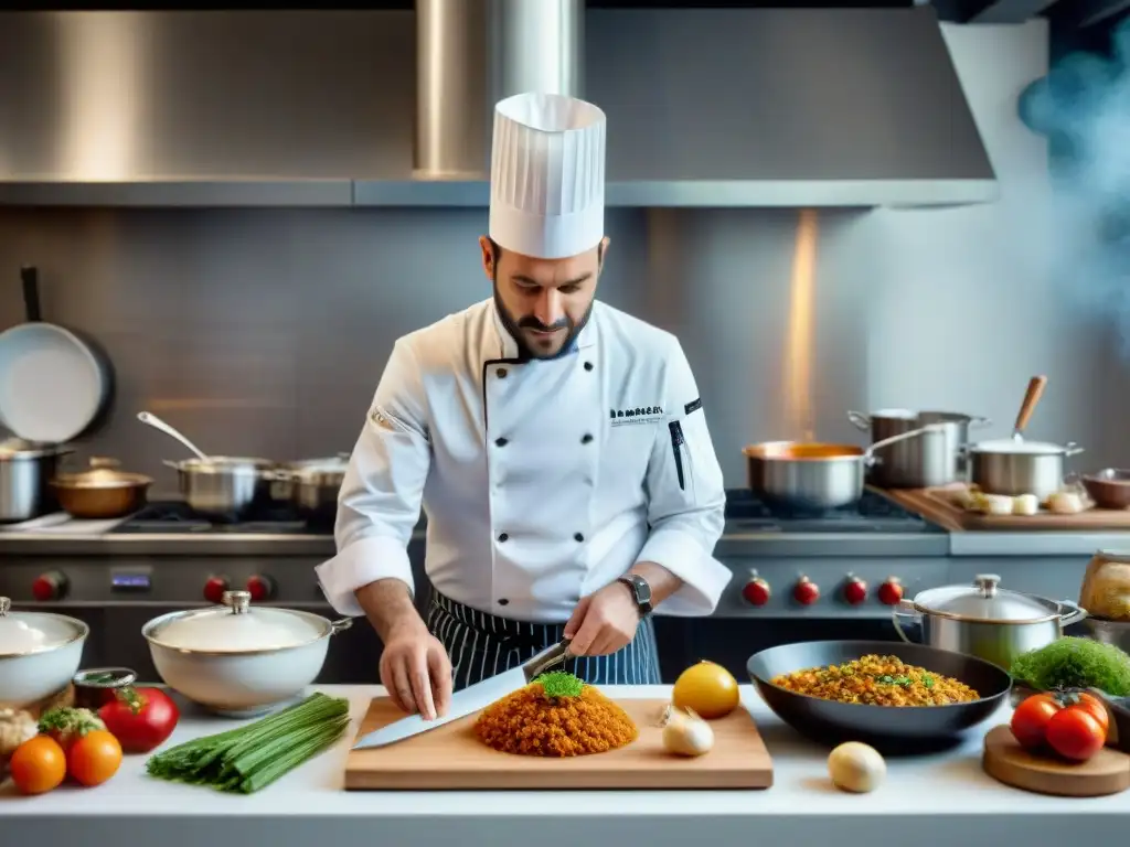 Un chef francés en una cocina moderna, fusionando recetas tradicionales con innovaciones culinarias