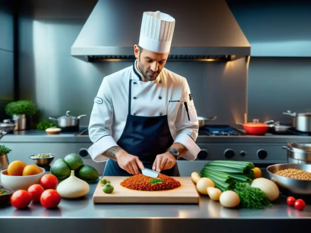 Un chef francés en una cocina moderna, creando platos fusionando técnicas clásicas y modernas