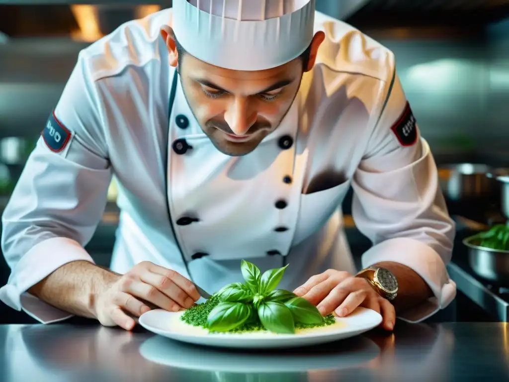 Un chef francés en una cocina moderna añadiendo albahaca fresca a un plato