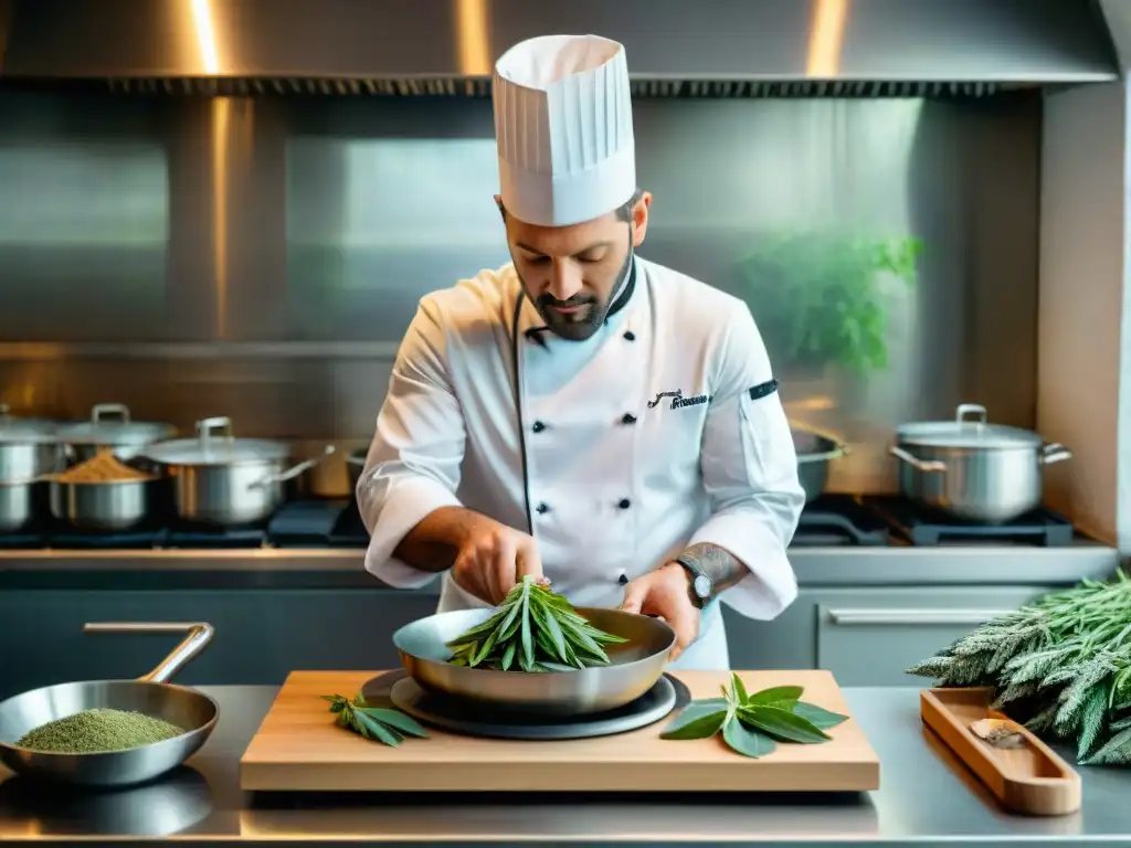 Un chef francés en su cocina moderna, colocando con precisión hojas de salvia fresca en una sartén humeante