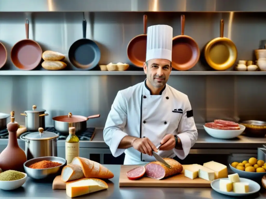 Un chef francés en una cocina moderna fusionando tradición culinaria con técnicas innovadoras y especias exóticas