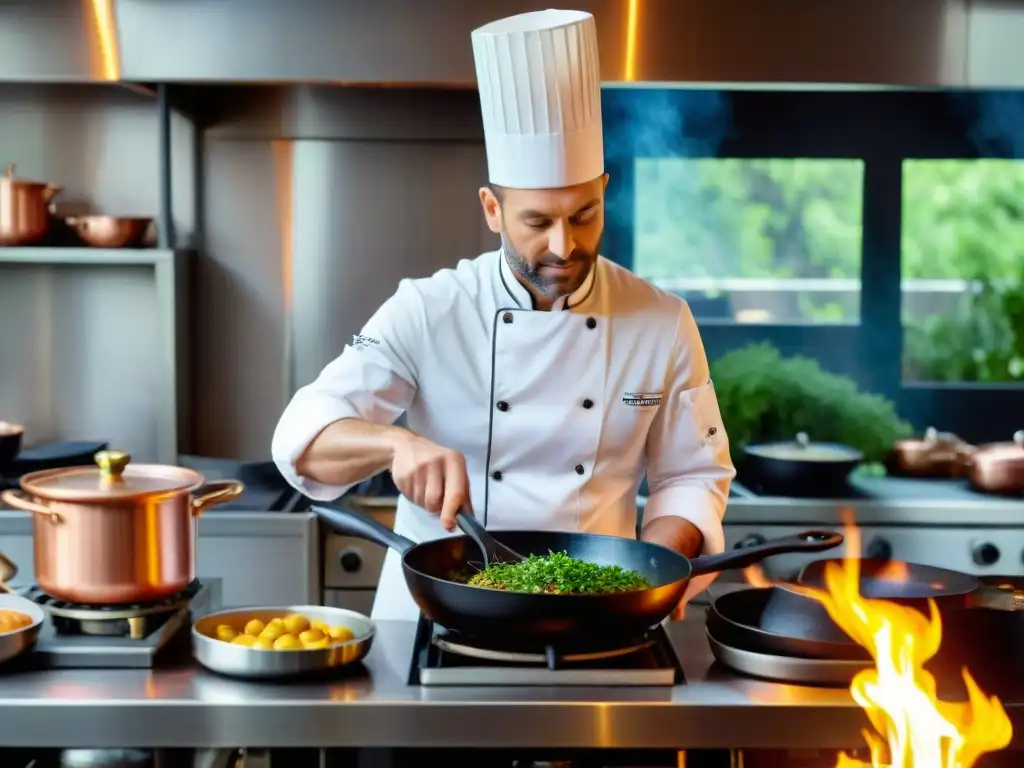 Un chef francés en una cocina parisina, manejando una sartén de hierro fundido sobre la llama, rodeado de ingredientes frescos y utensilios de cobre