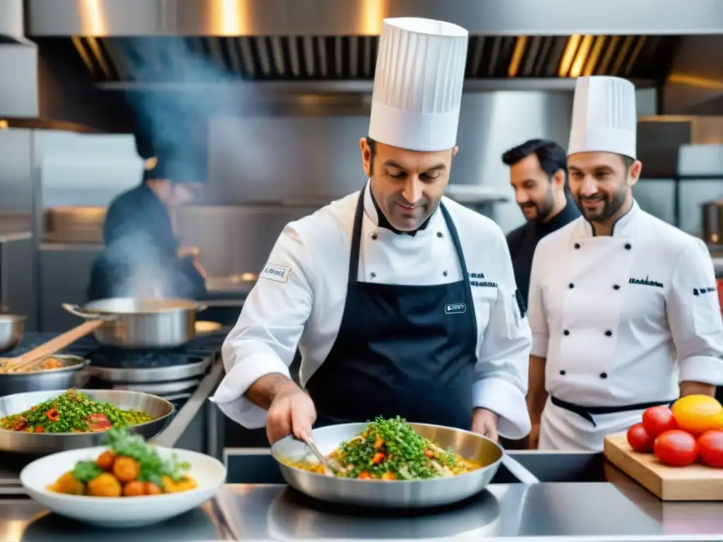 Un chef francés en una cocina parisina tradicional, rodeado de un equipo diverso y creativo